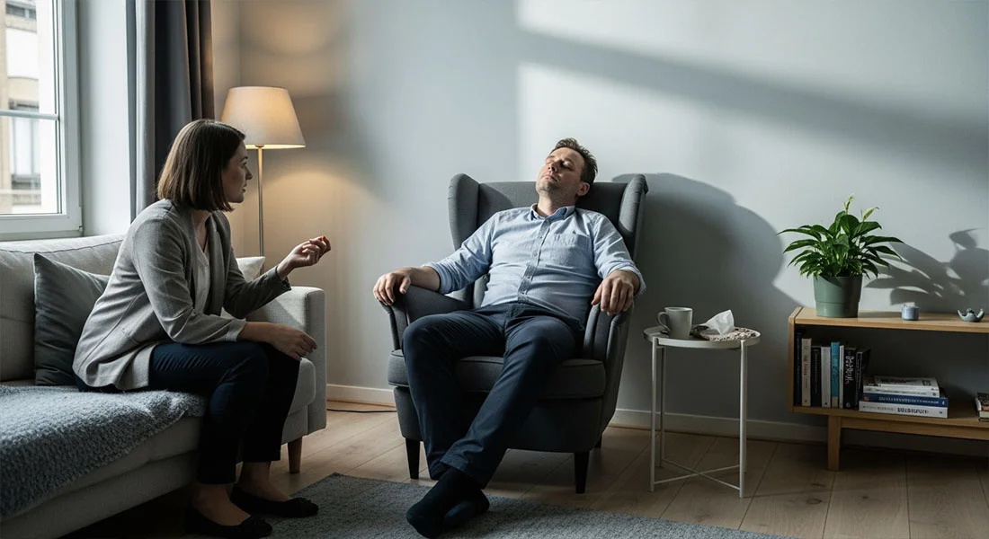 Мужчина в состоянии транса в кресле